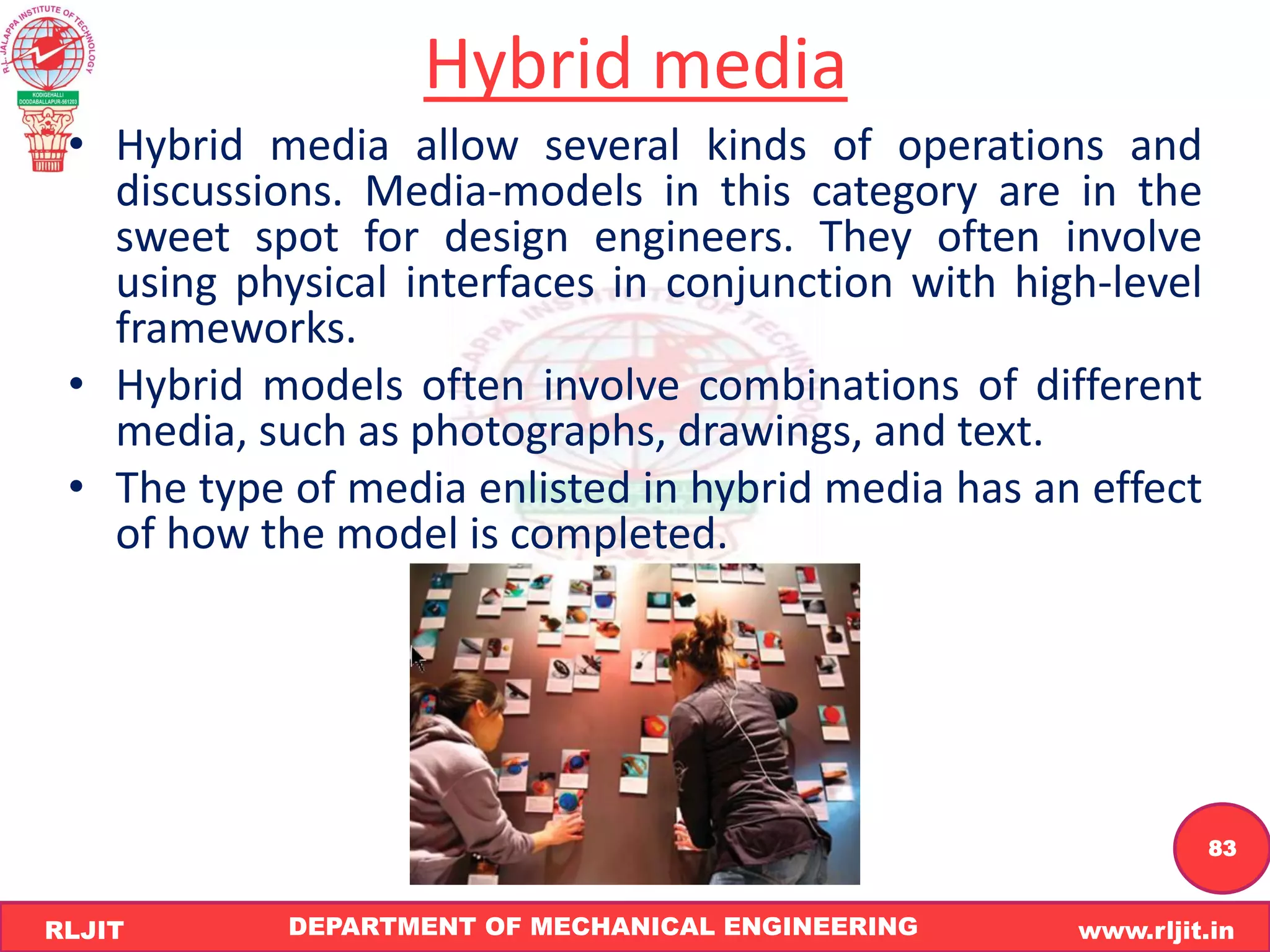 DEPARTMENT OF MECHANICAL ENGINEERING www.rljit.in
RLJIT
R
L
J
I
T
83
Hybrid media
• Hybrid media allow several kinds of operations and
discussions. Media-models in this category are in the
sweet spot for design engineers. They often involve
using physical interfaces in conjunction with high-level
frameworks.
• Hybrid models often involve combinations of different
media, such as photographs, drawings, and text.
• The type of media enlisted in hybrid media has an effect
of how the model is completed.
 