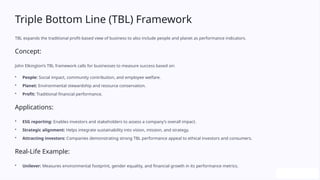Triple Bottom Line (TBL) Framework
TBL expands the traditional profit-based view of business to also include people and planet as performance indicators.
Concept:
John Elkington’s TBL framework calls for businesses to measure success based on:
• People: Social impact, community contribution, and employee welfare.
• Planet: Environmental stewardship and resource conservation.
• Profit: Traditional financial performance.
Applications:
• ESG reporting: Enables investors and stakeholders to assess a company’s overall impact.
• Strategic alignment: Helps integrate sustainability into vision, mission, and strategy.
• Attracting investors: Companies demonstrating strong TBL performance appeal to ethical investors and consumers.
Real-Life Example:
• Unilever: Measures environmental footprint, gender equality, and financial growth in its performance metrics.
 