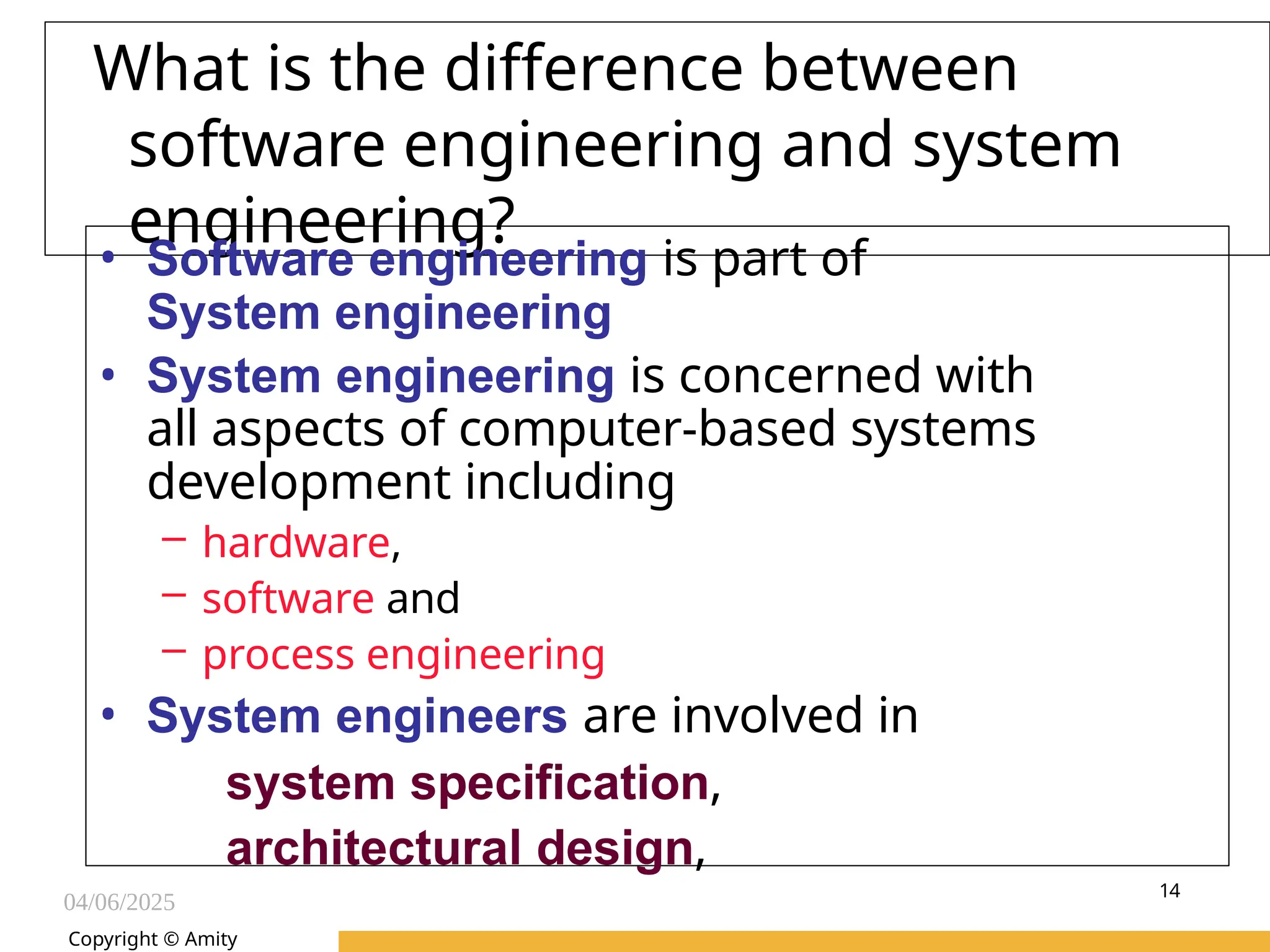 04/06/2025
Amity Institute of Information
Technology
What is the difference between
software engineering and system
engineering?
• Software engineering is part of
System engineering
• System engineering is concerned with
all aspects of computer-based systems
development including
– hardware,
– software and
– process engineering
• System engineers are involved in
system specification,
architectural design,
Copyright © Amity
14
 