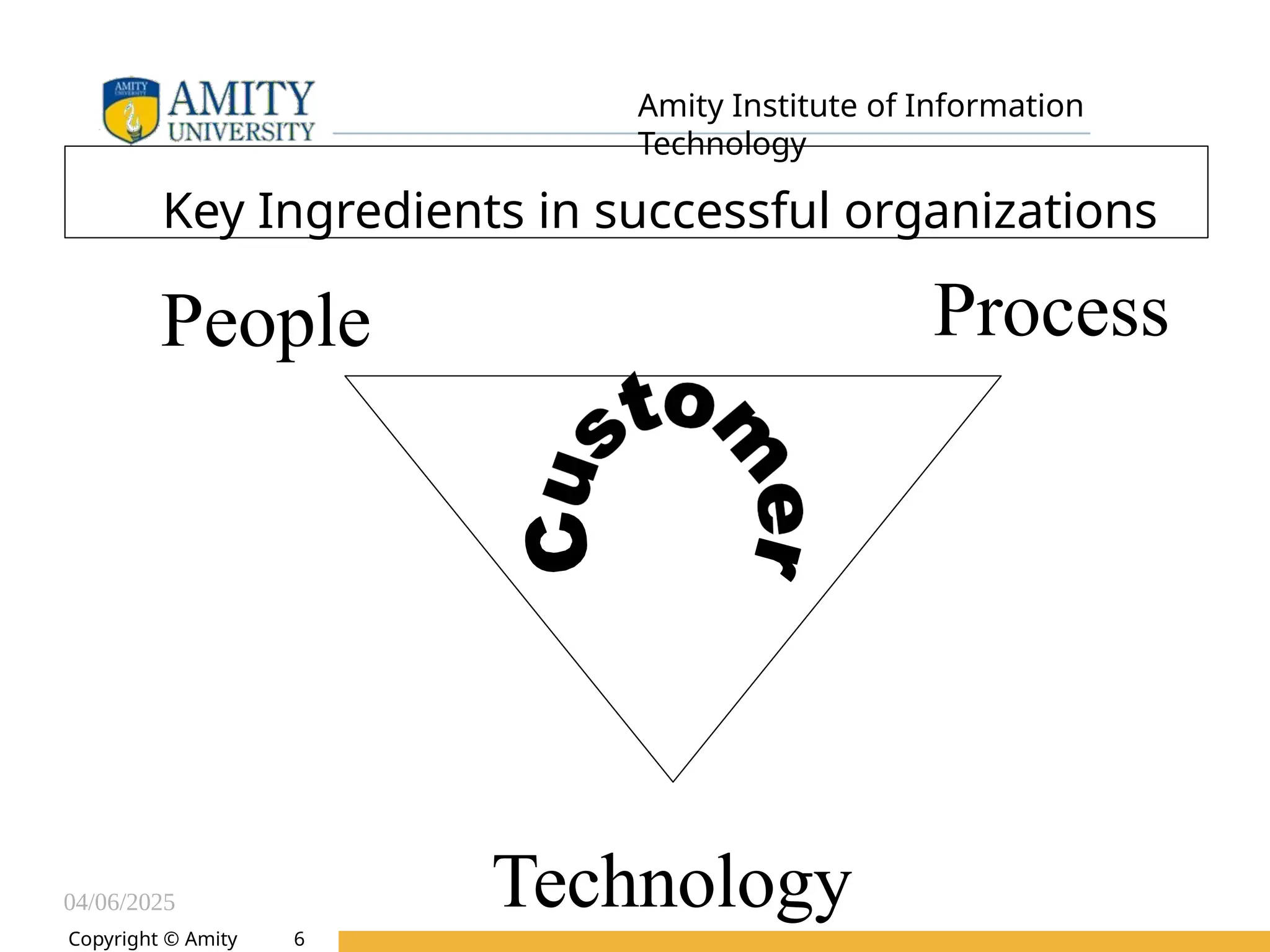 04/06/2025
Amity Institute of Information
Technology
Key Ingredients in successful organizations
People
Copyright © Amity
Technology
Process
6
 
