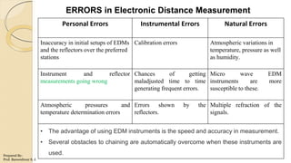 ERRORS in Electronic Distance Measurement
Personal Errors Instrumental Errors Natural Errors
Inaccuracy in initial setups of EDMs
and the reflectors over the preferred
stations
Calibration errors Atmospheric variations in
temperature, pressure as well
as humidity.
Instrument and reflector
measurements going wrong
Chances of getting
maladjusted time to time
generating frequent errors.
Micro wave EDM
instruments are more
susceptible to these.
Atmospheric pressures and
temperature determination errors
Errors shown by the
reflectors.
Multiple refraction of the
signals.
• The advantage of using EDM instruments is the speed and accuracy in measurement.
• Several obstacles to chaining are automatically overcome when these instruments are
used.Prepared By-
Prof. Basweshwar S. J.
 