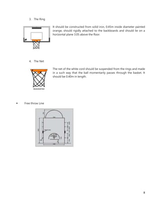 8
3. The Ring
It should be constructed from solid iron, 0.45m inside diameter painted
orange, should rigidly attached to the backboards and should lie on a
horizontal plane 3.05 above the floor.
4. The Net
The net of the white cord should be suspended from the rings and made
in a such way that the ball momentarily passes through the basket. It
should be 0.40m in length.
 Free throw Line
 