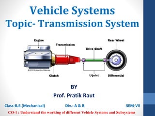 Vehicle Systems
Topic- Transmission System
BY
Prof. Pratik Raut
Class-B.E.(Mechanical) Div.: A & B SEM-VII
CO-1 : Understand the working of different Vehicle Systems and Subsystems
 