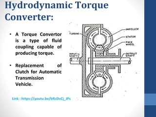 Hydrodynamic Torque
Converter:
• A Torque Convertor
is a type of fluid
coupling capable of
producing torque.
• Replacement of
Clutch for Automatic
Transmission
Vehicle.
Link : https://youtu.be/bRcDvCj_JPs
 