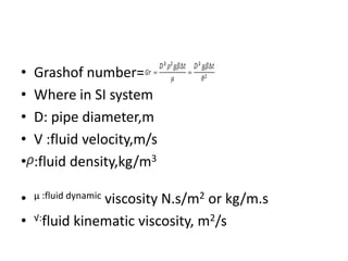 •   Grashof number=
•   Where in SI system
•   D: pipe diameter,m
•   V :fluid velocity,m/s
•   :fluid density,kg/m3

•   μ :fluid dynamic
                viscosity N.s/m2 or kg/m.s
•   √:fluid kinematic viscosity, m2/s
 