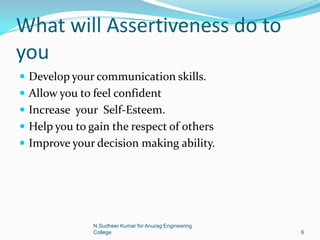 What will Assertiveness do to
you
 Develop your communication skills.
 Allow you to feel confident
 Increase your Self-Esteem.
 Help you to gain the respect of others
 Improve your decision making ability.
6
N.Sudheer Kumar for Anurag Engineering
College
 