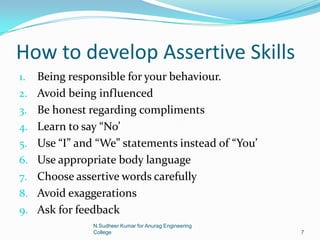 How to develop Assertive Skills
1. Being responsible for your behaviour.
2. Avoid being influenced
3. Be honest regarding compliments
4. Learn to say “No’
5. Use “I” and “We” statements instead of “You’
6. Use appropriate body language
7. Choose assertive words carefully
8. Avoid exaggerations
9. Ask for feedback
7
N.Sudheer Kumar for Anurag Engineering
College
 