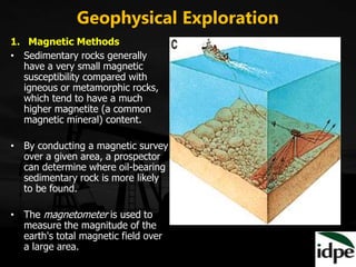 Geophysical Exploration
1. Magnetic Methods
• Sedimentary rocks generally
have a very small magnetic
susceptibility compared with
igneous or metamorphic rocks,
which tend to have a much
higher magnetite (a common
magnetic mineral) content.
• By conducting a magnetic survey
over a given area, a prospector
can determine where oil-bearing
sedimentary rock is more likely
to be found.
• The magnetometer is used to
measure the magnitude of the
earth's total magnetic field over
a large area.
 