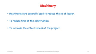 Machinery
• Machineries are generally used to reduce the no of labour.
• To reduce time of the construction.
• To increase the effectiveness of the project.
3/22/2018 Department of CIvil Engineering,VVIET,Mysuru. 11
 