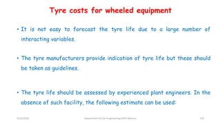 Tyre costs for wheeled equipment
• It is not easy to forecast the tyre life due to a large number of
interacting variables.
• The tyre manufacturers provide indication of tyre life but these should
be taken as guidelines.
• The tyre life should be assessed by experienced plant engineers. In the
absence of such facility, the following estimate can be used:
3/22/2018 Department of CIvil Engineering,VVIET,Mysuru. 132
 