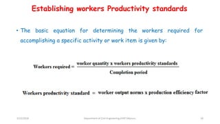 Establishing workers Productivity standards
• The basic equation for determining the workers required for
accomplishing a specific activity or work item is given by:
3/22/2018 Department of CIvil Engineering,VVIET,Mysuru. 18
 