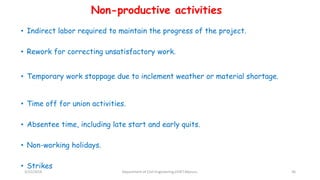 Non-productive activities
• Indirect labor required to maintain the progress of the project.
• Rework for correcting unsatisfactory work.
• Temporary work stoppage due to inclement weather or material shortage.
• Time off for union activities.
• Absentee time, including late start and early quits.
• Non-working holidays.
• Strikes
3/22/2018 Department of CIvil Engineering,VVIET,Mysuru. 36
 