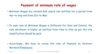 Payment of minimum rate of wages
• Minimum Wages are revised half yearly and notified for a period from
Apr-to-Sep and from Oct-to-Mar.
• In case rate of Minimum Wages is Different for Sate and Central, the
rate whichever is higher as notified from time to time as per the city
classification should be paid.
• Accordingly, We have to revise the rate of Payment to Contract
Workers/Employees.
3/22/2018 Department of CIvil Engineering,VVIET,Mysuru. 39
 