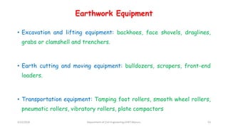 Earthwork Equipment
• Excavation and lifting equipment: backhoes, face shovels, draglines,
grabs or clamshell and trenchers.
• Earth cutting and moving equipment: bulldozers, scrapers, front-end
loaders.
• Transportation equipment: Tamping foot rollers, smooth wheel rollers,
pneumatic rollers, vibratory rollers, plate compactors
3/22/2018 Department of CIvil Engineering,VVIET,Mysuru. 53
 