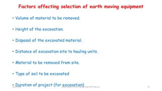 Factors affecting selection of earth moving equipment
• Volume of material to be removed.
• Height of the excavation.
• Disposal of the excavated material.
• Distance of excavation site to hauling units.
• Material to be removed from site.
• Type of soil to be excavated
• Duration of project (for excavation)3/22/2018 Department of CIvil Engineering,VVIET,Mysuru. 54
 