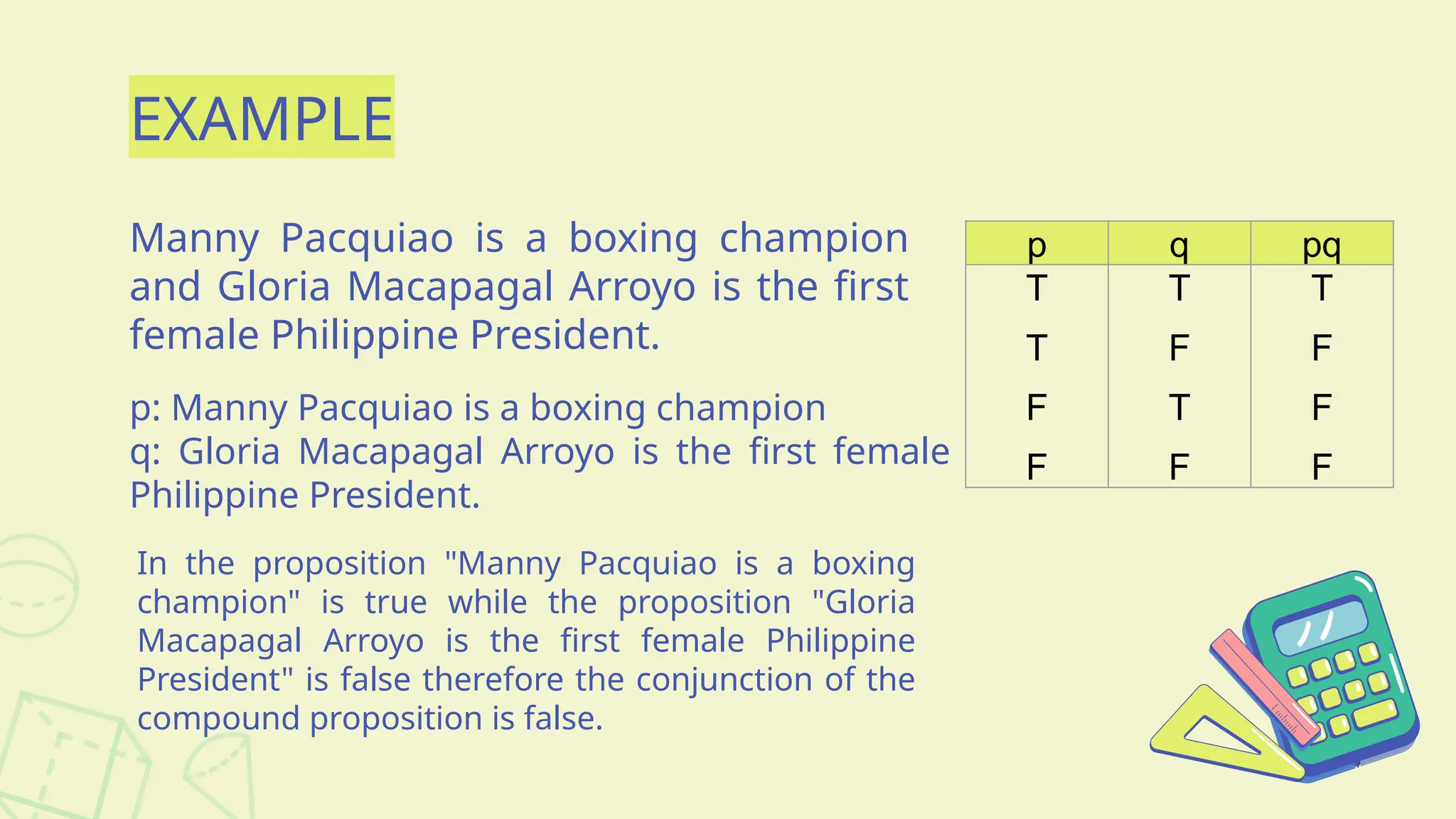 EXAMPLE
Manny Pacquiao is a boxing champion
and Gloria Macapagal Arroyo is the first
female Philippine President.
p q pq
T
T
F
F
T
F
T
F
T
F
F
F
p: Manny Pacquiao is a boxing champion
q: Gloria Macapagal Arroyo is the first female
Philippine President.
In the proposition "Manny Pacquiao is a boxing
champion" is true while the proposition "Gloria
Macapagal Arroyo is the first female Philippine
President" is false therefore the conjunction of the
compound proposition is false.
 
