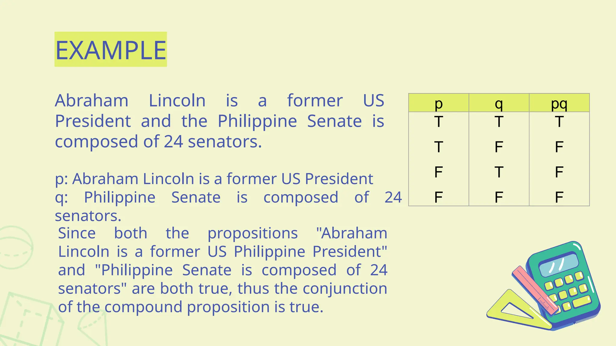 EXAMPLE
Abraham Lincoln is a former US
President and the Philippine Senate is
composed of 24 senators.
p q pq
T
T
F
F
T
F
T
F
T
F
F
F
p: Abraham Lincoln is a former US President
q: Philippine Senate is composed of 24
senators.
Since both the propositions "Abraham
Lincoln is a former US Philippine President"
and "Philippine Senate is composed of 24
senators" are both true, thus the conjunction
of the compound proposition is true.
 