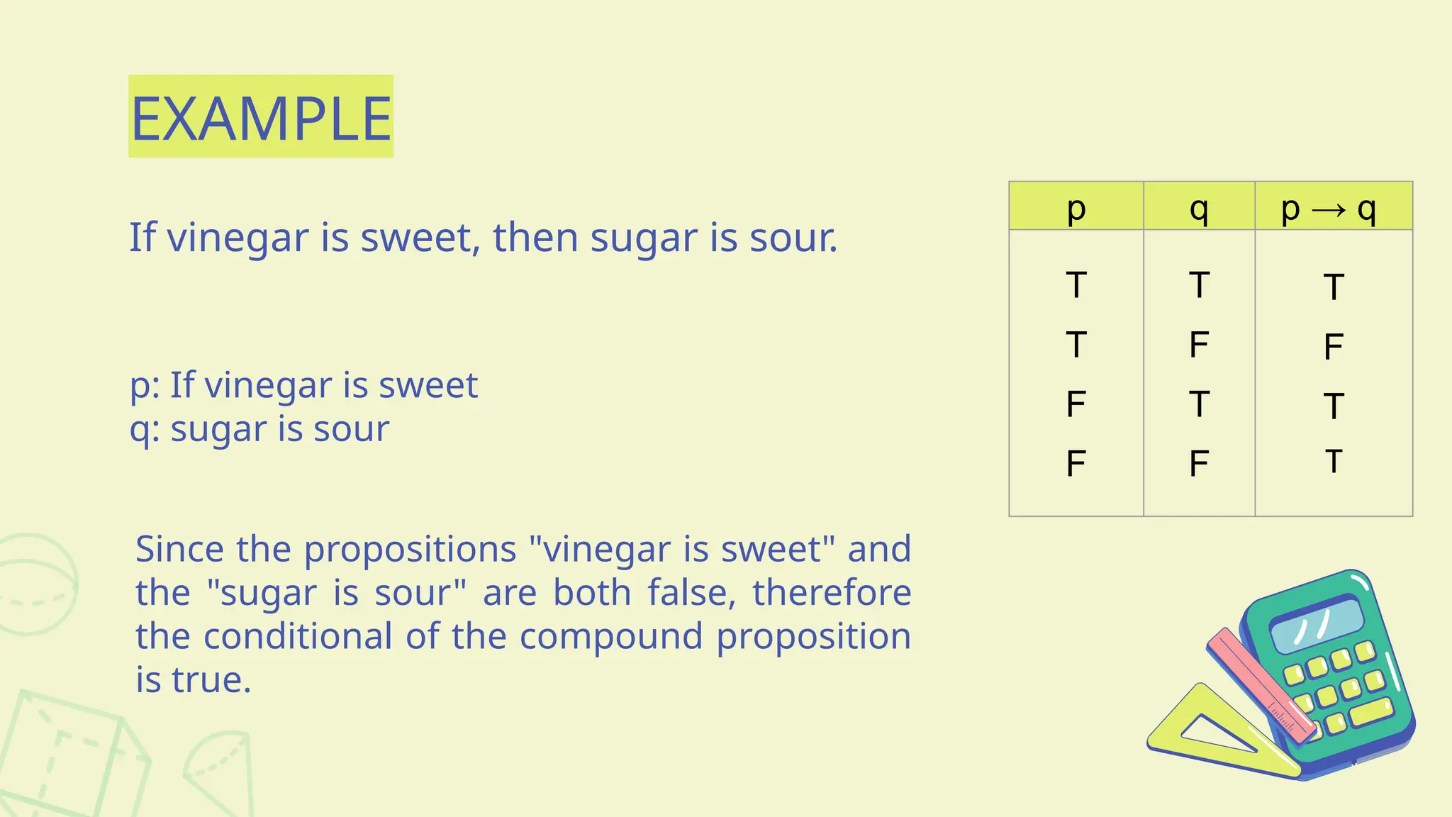 EXAMPLE
If vinegar is sweet, then sugar is sour.
p: If vinegar is sweet
q: sugar is sour
Since the propositions "vinegar is sweet" and
the "sugar is sour" are both false, therefore
the conditional of the compound proposition
is true.
p q p → q
T
T
F
F
T
F
T
F
T
F
T
T
 