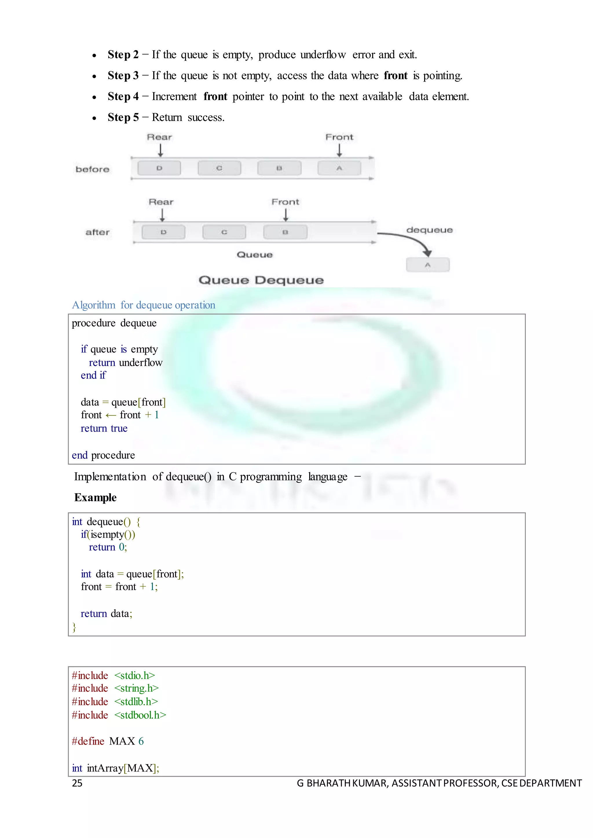 25 G BHARATHKUMAR, ASSISTANTPROFESSOR,CSEDEPARTMENT
 Step 2 − If the queue is empty, produce underflow error and exit.
 Step 3 − If the queue is not empty, access the data where front is pointing.
 Step 4 − Increment front pointer to point to the next available data element.
 Step 5 − Return success.
Algorithm for dequeue operation
procedure dequeue
if queue is empty
return underflow
end if
data = queue[front]
front ← front + 1
return true
end procedure
Implementation of dequeue() in C programming language −
Example
int dequeue() {
if(isempty())
return 0;
int data = queue[front];
front = front + 1;
return data;
}
#include <stdio.h>
#include <string.h>
#include <stdlib.h>
#include <stdbool.h>
#define MAX 6
int intArray[MAX];
 