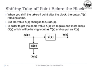 Shifting Take-off Point Before the Block
Dr. R.K.Mugelan, Asst. Prof. (Sr), SENSE, VIT
111
 When you shift the take-off point after the block, the output Y(s)
remains same.
 But the value X(s) changes to G(s)X(s).
 In order to get the same value X(s) we require one more block
G(s) which will be having input as Y(s) and output as X(s)
 