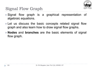 Signal Flow Graph
Dr. R.K.Mugelan, Asst. Prof. (Sr), SENSE, VIT
128
 Signal flow graph is a graphical representation of
algebraic equations.
 Let us discuss the basic concepts related signal flow
graph and also learn how to draw signal flow graphs.
 Nodes and branches are the basic elements of signal
flow graph.
 