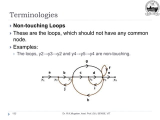 Terminologies
Dr. R.K.Mugelan, Asst. Prof. (Sr), SENSE, VIT
152
 Non-touching Loops
 These are the loops, which should not have any common
node.
 Examples:
 The loops, y2→y3→y2 and y4→y5→y4 are non-touching.
 