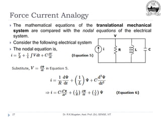Force Current Analogy
Dr. R.K.Mugelan, Asst. Prof. (Sr), SENSE, VIT
27
 The mathematical equations of the translational mechanical
system are compared with the nodal equations of the electrical
system.
 Consider the following electrical system
 The nodal equation is,
 