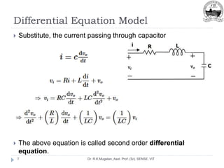 Differential Equation Model
Dr. R.K.Mugelan, Asst. Prof. (Sr), SENSE, VIT
7
 Substitute, the current passing through capacitor
 The above equation is called second order differential
equation.
 