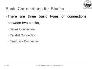 Basic Connections for Blocks
Dr. R.K.Mugelan, Asst. Prof. (Sr), SENSE, VIT
88
 There are three basic types of connections
between two blocks,
 Series Connection
 Parallel Connection
 Feedback Connection
 