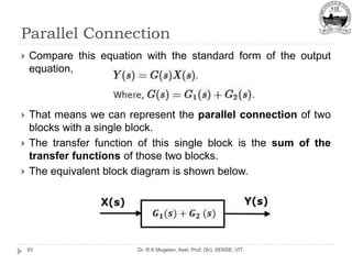 Parallel Connection
Dr. R.K.Mugelan, Asst. Prof. (Sr), SENSE, VIT
93
 Compare this equation with the standard form of the output
equation,
 That means we can represent the parallel connection of two
blocks with a single block.
 The transfer function of this single block is the sum of the
transfer functions of those two blocks.
 The equivalent block diagram is shown below.
 