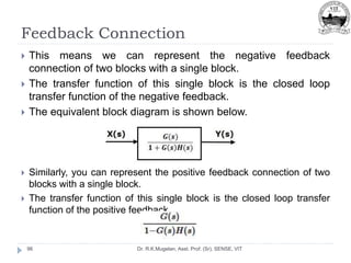 Feedback Connection
Dr. R.K.Mugelan, Asst. Prof. (Sr), SENSE, VIT
96
 This means we can represent the negative feedback
connection of two blocks with a single block.
 The transfer function of this single block is the closed loop
transfer function of the negative feedback.
 The equivalent block diagram is shown below.
 Similarly, you can represent the positive feedback connection of two
blocks with a single block.
 The transfer function of this single block is the closed loop transfer
function of the positive feedback,
 