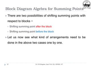 Block Diagram Algebra for Summing Points
Dr. R.K.Mugelan, Asst. Prof. (Sr), SENSE, VIT
97
 There are two possibilities of shifting summing points with
respect to blocks −
 Shifting summing point after the block
 Shifting summing point before the block
 Let us now see what kind of arrangements need to be
done in the above two cases one by one.
 