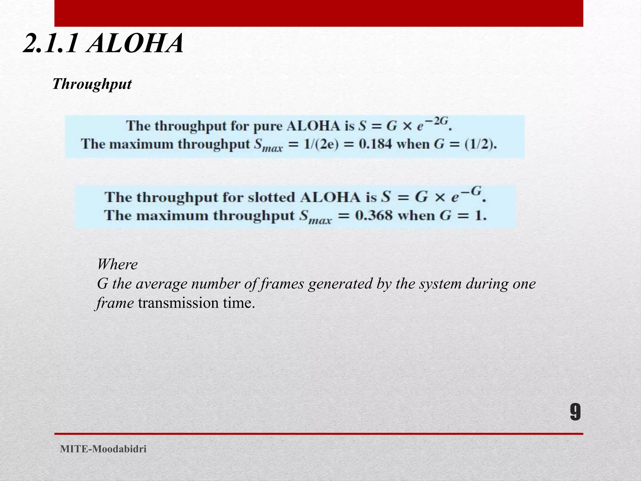 2.1.1 ALOHA
9
MITE-Moodabidri
Throughput
Where
G the average number of frames generated by the system during one
frame transmission time.
 