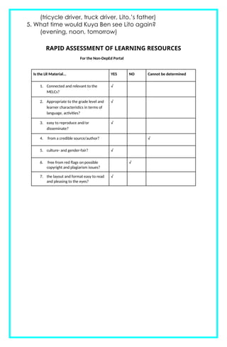 (tricycle driver, truck driver, Lito.’s father)
5. What time would Kuya Ben see Lito again?
(evening, noon, tomorrow)
RAPID ASSESSMENT OF LEARNING RESOURCES
For the Non-DepEd Portal
Is the LR Material... YES NO Cannot be determined
1. Connected and relevant to the
MELCs?
√
2. Appropriate to the grade level and
learner characteristics in terms of
language, activities?
√
3. easy to reproduce and/or
disseminate?
√
4. from a credible source/author? √
5. culture- and gender-fair? √
6. free from red flags on possible
copyright and plagiarism issues?
√
7. the layout and format easy to read
and pleasing to the eyes?
√
 
