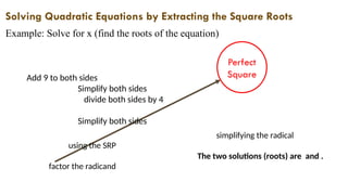 Solving Quadratic Equations by Extracting the Square Roots
Example: Solve for x (find the roots of the equation)
Perfect
Square
Add 9 to both sides
Simplify both sides
divide both sides by 4
Simplify both sides
using the SRP
factor the radicand
simplifying the radical
The two solutions (roots) are and .
 