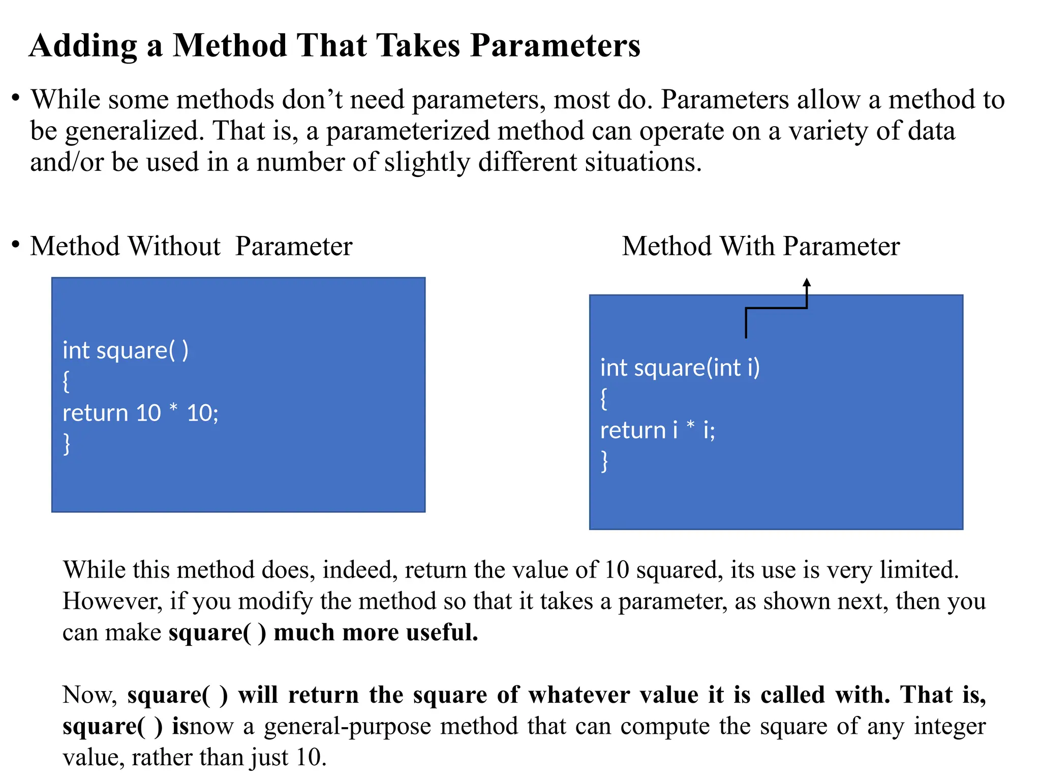 Adding a Method That Takes Parameters
• While some methods don’t need parameters, most do. Parameters allow a method to
be generalized. That is, a parameterized method can operate on a variety of data
and/or be used in a number of slightly different situations.
• Method Without Parameter Method With Parameter
int square( )
{
return 10 * 10;
}
int square(int i)
{
return i * i;
}
While this method does, indeed, return the value of 10 squared, its use is very limited.
However, if you modify the method so that it takes a parameter, as shown next, then you
can make square( ) much more useful.
Now, square( ) will return the square of whatever value it is called with. That is,
square( ) isnow a general-purpose method that can compute the square of any integer
value, rather than just 10.
 