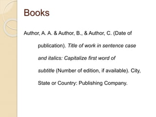 Author, A. A. & Author, B., & Author, C. (Date of
publication). Title of work in sentence case
and italics: Capitalize first word of
subtitle (Number of edition, if available). City,
State or Country: Publishing Company.
Books
 