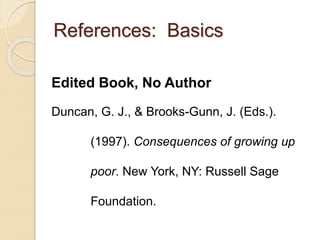 Edited Book, No Author
Duncan, G. J., & Brooks-Gunn, J. (Eds.).
(1997). Consequences of growing up
poor. New York, NY: Russell Sage
Foundation.
References: Basics
 
