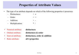 Properties of Attribute Values
• The type of an attribute depends on which of the following properties it possesses:
– Distinctness: = 
– Order: < >
– Addition: + -
– Multiplication: * /
• Nominal attribute: distinctness
• Ordinal attribute: distinctness & order
• Interval attribute: distinctness, order & addition
• Ratio attribute: all 4 properties
Data Mining 13
 