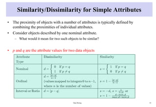 Similarity/Dissimilarity for Simple Attributes
• The proximity of objects with a number of attributes is typically defined by
combining the proximities of individual attributes.
• Consider objects described by one nominal attribute.
– What would it mean for two such objects to be similar?
• p and q are the attribute values for two data objects
Data Mining 54
 