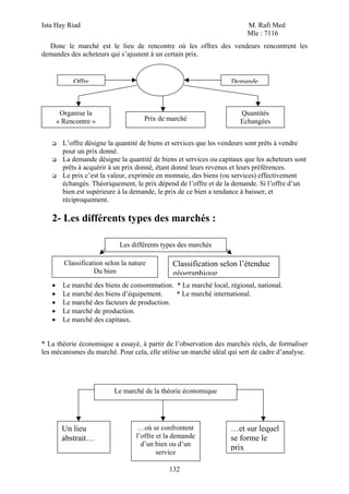 Ista Hay Riad                                                             M. Rafi Med
                                                                          Mle : 7116
  Donc le marché est le lieu de rencontre où les offres des vendeurs rencontrent les
demandes des acheteurs qui s’ajustent à un certain prix.


            Offre                                                   Demande



        Organise la                                                    Quantités
       « Rencontre »                  Prix de marché                   Echangées


         L’offre désigne la quantité de biens et services que les vendeurs sont prêts à vendre
         pour un prix donné.
         La demande désigne la quantité de biens et services ou capitaux que les acheteurs sont
         prêts à acquérir à un prix donné, étant donné leurs revenus et leurs préférences.
         Le prix c’est la valeur, exprimée en monnaie, des biens (ou services) effectivement
         échangés. Théoriquement, le prix dépend de l’offre et de la demande. Si l’offre d’un
         bien est supérieure à la demande, le prix de ce bien a tendance à baisser, et
         réciproquement.

   2- Les différents types des marchés :

                             Les différents types des marchés

         Classification selon la nature         Classification selon l’étendue
                    Du bien                     géographique
   •     Le marché des biens de consommation. * Le marché local, régional, national.
   •     Le marché des biens d’équipement.     * Le marché international.
   •     Le marché des facteurs de production.
   •     Le marché de production.
   •     Le marché des capitaux.


* La théorie économique a essayé, à partir de l’observation des marchés réels, de formaliser
les mécanismes du marché. Pour cela, elle utilise un marché idéal qui sert de cadre d’analyse.




                           Le marché de la théorie économique




        Un lieu                     …où se confrontent              …et sur lequel
        abstrait…                  l’offre et la demande            se forme le
                                     d’un bien ou d’un
                                                                    prix
                                           service

                                              132
 