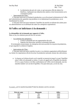 Ista Hay Riad                                                              M. Rafi Med
                                                                           Mle : 7116
                   La diminution des prix de vente, ce qui aura pour effet de réduire les
                   bénéfices, impliquant une réduction des salaires et des licenciements ou la
                   constatation pertes.
   - Interventions de l’Etat :
     L’Etat peut intervenir en limitant la production, ou en favorisant la diminution de l’offre
par la destruction des quantités trop produites et en indemnisant les producteurs, ou en
transformant les stocks.
     L’Etat peut intervenir pour maintenir l’équilibre du marché en réalisant des achats pour
ses administrations ou en attribuant des aides aux entreprises exportatrices.

Si l’offre est inférieure à la demande :
Le déséquilibre de la demande par rapports à l’offre.
Dans ce cas, les solutions peuvent être les suivants :

   -   Les solutions des entreprises :
              o Limiter la demande par une augmentation des prix.
              o Importer des biens pour satisfaire la demande nationale.
   Si la demande est persistante, les entreprises devront accroître les moyens de production,
ce qui engendre la création d’emplois.

   -   Interventions de l’Etat :
      L’Etat peut intervenir pour contrôler les prix si ces derniers augmentent artificiellement
ou, limiter les importations afin de favoriser la production nationale, donner des subventions.


         La hausse ou la baisse du prix sur le marché se poursuivra jusqu’à ce que l’équilibre
         entre l’offre et la demande se réalise. Ce prix est appelé prix d’équilibre du marché.
         S’il n’y a pas d’entrave à la libre confrontation de l’offre et de la demande, tous les
         marchés tendent vers un état d’équilibre. Il ne peut donc pas y avoir de crise.




Exemple : soit le marché du produit P dont les données sont les suivants :


        Prix de vente                      Demande                            Offre
            1000                              700                             3000
             800                              800                             2000
             600                             1000                             1000


                                              134
 