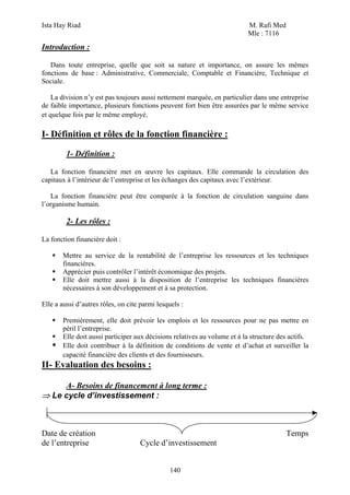Ista Hay Riad                                                             M. Rafi Med
                                                                          Mle : 7116
Introduction :

   Dans toute entreprise, quelle que soit sa nature et importance, on assure les mêmes
fonctions de base : Administrative, Commerciale, Comptable et Financière, Technique et
Sociale.

    La division n’y est pas toujours aussi nettement marquée, en particulier dans une entreprise
de faible importance, plusieurs fonctions peuvent fort bien être assurées par le même service
et quelque fois par le même employé.

I- Définition et rôles de la fonction financière :

         1- Définition :

   La fonction financière met en œuvre les capitaux. Elle commande la circulation des
capitaux à l’intérieur de l’entreprise et les échanges des capitaux avec l’extérieur.

   La fonction financière peut être comparée à la fonction de circulation sanguine dans
l’organisme humain.

         2- Les rôles :

La fonction financière doit :

       Mettre au service de la rentabilité de l’entreprise les ressources et les techniques
       financières.
       Apprécier puis contrôler l’intérêt économique des projets.
       Elle doit mettre aussi à la disposition de l’entreprise les techniques financières
       nécessaires à son développement et à sa protection.

Elle a aussi d’autres rôles, on cite parmi lesquels :

       Premièrement, elle doit prévoir les emplois et les ressources pour ne pas mettre en
       péril l’entreprise.
       Elle doit aussi participer aux décisions relatives au volume et à la structure des actifs.
       Elle doit contribuer à la définition de conditions de vente et d’achat et surveiller la
       capacité financière des clients et des fournisseurs.
II- Evaluation des besoins :

     A- Besoins de financement à long terme :
⇒ Le cycle d’investissement :



Date de création                                                                        Temps
de l’entreprise                     Cycle d’investissement


                                                140
 