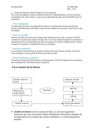 Ista Hay Riad                                                                M. Rafi Med
                                                                             Mle : 7116
• Animer et élargir le marché financier aux investisseurs
De ce fait elle apparaît comme un élément moteur de l’industrialisation et de la croissance
économique son ; plus évalués, ce qui est une opportunité de gain, plus de bénéfice pour les
sociétaires.

- Pour l’épargnant :
Un particulier qui place son argent dans la bourse en achetant des titres de société peut
devenir actionnaire dans telle affaire, ainsi devient membre de la société, il peut recevoir des
dividendes.

- Pour les sociétés :
Pour les sociétés qui ont besoins d’argent pour étendre leurs activités, le recours à la BVC
constitue le moyen le plus rapide et le plus sûre. Car il leur permet d’acquérir les capitaux en
émettant des titres à la disposition des futurs acquérant, les sociétés récupérant leurs valeurs
en argent, en prenant en considération tous ces avantages.

- Pour les sociétaires :
Les sociétaires tirent profit de la cotation en bourse des titres de leurs sociétés, du fait que
cette inscription est une qualité de bonne santé de la société.

- Pour l’économie en général :
Elle permet de participer directement ou indirectement à l’effort d’expansion des entreprises
par conséquent de l’économie du pays en général.

3-Les acteurs de la bourse



   Sociétés cotées en                                                     Acheteurs de titres
   bourse                                                                 Vendeurs de titres


                                                                                 OPCVM
   Observateurs                             BOURSE
   professionnels
   analyses financières
                                                                                  CDVM


     Société en bourse                                                    Société gestionnaire
                                                                          de bourse


• Sociétés en bourse sont les acteurs de base, ce sont des organismes
  financiers qui sont souvent des filiales d'institutions financières chargées de
  la négociation et la cotation des valeurs mobilières, ce sont des personnes
  morales.


                                                149
 