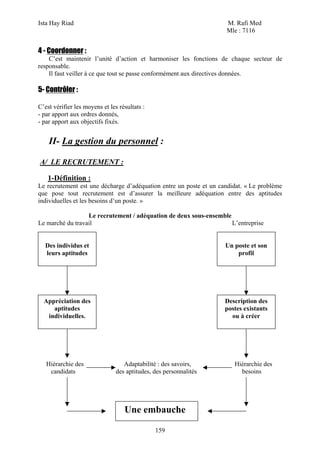 Ista Hay Riad                                                       M. Rafi Med
                                                                    Mle : 7116


4 - Coordonner :
    C’est maintenir l’unité d’action et harmoniser les fonctions de chaque secteur de
responsable.
    Il faut veiller à ce que tout se passe conformément aux directives données.

5- Contrôler :

C’est vérifier les moyens et les résultats :
- par apport aux ordres donnés,
- par apport aux objectifs fixés.


    II- La gestion du personnel :

A/ LE RECRUTEMENT :

    1-Définition :
Le recrutement est une décharge d’adéquation entre un poste et un candidat. « Le problème
que pose tout recrutement est d’assurer la meilleure adéquation entre des aptitudes
individuelles et les besoins d’un poste. »

                  Le recrutement / adéquation de deux sous-ensemble
Le marché du travail                                                L’entreprise


  Des individus et                                                  Un poste et son
  leurs aptitudes                                                       profil




  Appréciation des                                                  Description des
     aptitudes                                                      postes existants
   individuelles.                                                     ou à créer




   Hiérarchie des                  Adaptabilité : des savoirs,         Hiérarchie des
    candidats                   des aptitudes, des personnalités         besoins




                                   Une embauche

                                               159
 