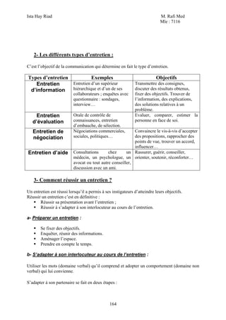 Ista Hay Riad                                                                M. Rafi Med
                                                                             Mle : 7116




   2- Les différents types d’entretien :

C’est l’objectif de la communication qui détermine en fait le type d’entretien.

Types d’entretien           Exemples                                      Objectifs
   Entretien      Entretien d’un supérieur                    Transmettre des consignes,
 d’information    hiérarchique et d’un de ses                 discuter des résultats obtenus,
                          collaborateurs ; enquêtes avec      fixer des objectifs. Trouver de
                          questionnaire : sondages,           l’information, des explications,
                          interview…                          des solutions relatives à un
                                                              problème.
     Entretien            Orale de contrôle de                Evaluer, comparer, estimer la
   d’évaluation           connaissances, entretien            personne en face de soi.
                          d’embauche, de sélection.
   Entretien de           Négociations commerciales,       Convaincre le vis-à-vis d’accepter
   négociation            sociales, politiques…            des propositions, rapprocher des
                                                           points de vue, trouver un accord,
                                                           influencer…
Entretien d’aide          Consultations      chez      un Rassurer, guérir, conseiller,
                          médecin, un psychologue, un orienter, soutenir, réconforter…
                          avocat ou tout autre conseiller,
                          discussion avec un ami.

   3- Comment réussir un entretien ?

Un entretien est réussi lorsqu’il a permis à ses instigateurs d’atteindre leurs objectifs.
Réussir un entretien c’est en définitive :
       Réussir sa présentation avant l’entretien ;
       Réussir à s’adapter à son interlocuteur au cours de l’entretien.

a- Préparer un entretien :

       Se fixer des objectifs.
       Enquêter, réunir des informations.
       Aménager l’espace.
       Prendre en compte le temps.

b- S’adapter à son interlocuteur au cours de l’entretien :

Utiliser les mots (domaine verbal) qu’il comprend et adopter un comportement (domaine non
verbal) qui lui convienne.

S’adapter à son partenaire se fait en deux étapes :



                                               164
 