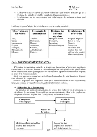 Ista Hay Riad                                                             M. Rafi Med
                                                                          Mle : 7116
       L’observation du non verbal qui permet d’identifier l’état intérieur de l’autre qui est à
       l’origine des attitudes profitables ou néfastes à la communication ;
       La régulation, par un comportement non verbal adapté, des attitudes néfastes ainsi
       révélées.


La démarche pour s’adapter à son interlocuteur peut se représenter ainsi :

 Observation du          Découverte de             Repérage des          Régulation par le
  non-verbal             l’état intérieur            attitudes             non-verbal
                                                    négatives
Voix,                   Tension,                Manque d’écoute,        Adoption de gestes,
Gestes,                 Motivation,             Désintérêt,             Ton de la voix,
Mouvements,             Humeur,                 Fermeture,              Distance,
Regards,                Autonomie,              Refus de dialoguer.     Postures, etc…
Mimiques,               Contrôle,                                       Favorables à la
Déplacements,           Attitude envers                                 création d’un état
Silences.               l’autre…                                        intérieur plus propice
                                                                        à la communication.



C- LA FORMATION DU PERSONNEL :

    L’évolution technologique actuelle se traduit par l’apparition d’importants problèmes
d’adaptation. Les nouveaux besoins se caractérisent par une multiplication des qualifications
et des niveaux alors même que se produit une obsolescence rapide des connaissances acquises
au cours de la formation initiale.
   Ainsi, pour exercer au mieux leurs activités professionnelles, les salariés doivent disposer
d’un minimum de compétences.
  Celles-ci s’acquièrent dans un premier temps par la formation initiale, et dans un deuxièmes
temps, au cours de la vie professionnelle, grâce à la formation continue.

   6- Définition de la formation :
     La formation est un investissement dans des actions dont l’objectif est de s’instruire ou
   développer des savoirs ou des travailleurs, mesures prises entre l’Etat et les employeurs.
   On peut schématiser sa place dans l’entreprise de la manière suivante :

          Changement                                           Marche de
         technologique                                        L’entreprise



                                     Besoins de
                                     formation




     Mettre en place une cellule                      Recourir à des
     interne de Formation                             organismes externes
     continue                                         spécialisés dans la
                                             165
 
