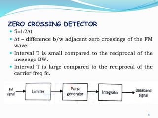 ZERO CROSSING DETECTOR
 fi1/2Dt
 Dt – difference b/w adjacent zero crossings of the FM
wave.
 Interval T is small compared to the reciprocal of the
message BW.
 Interval T is large compared to the reciprocal of the
carrier freq fc.
33
 