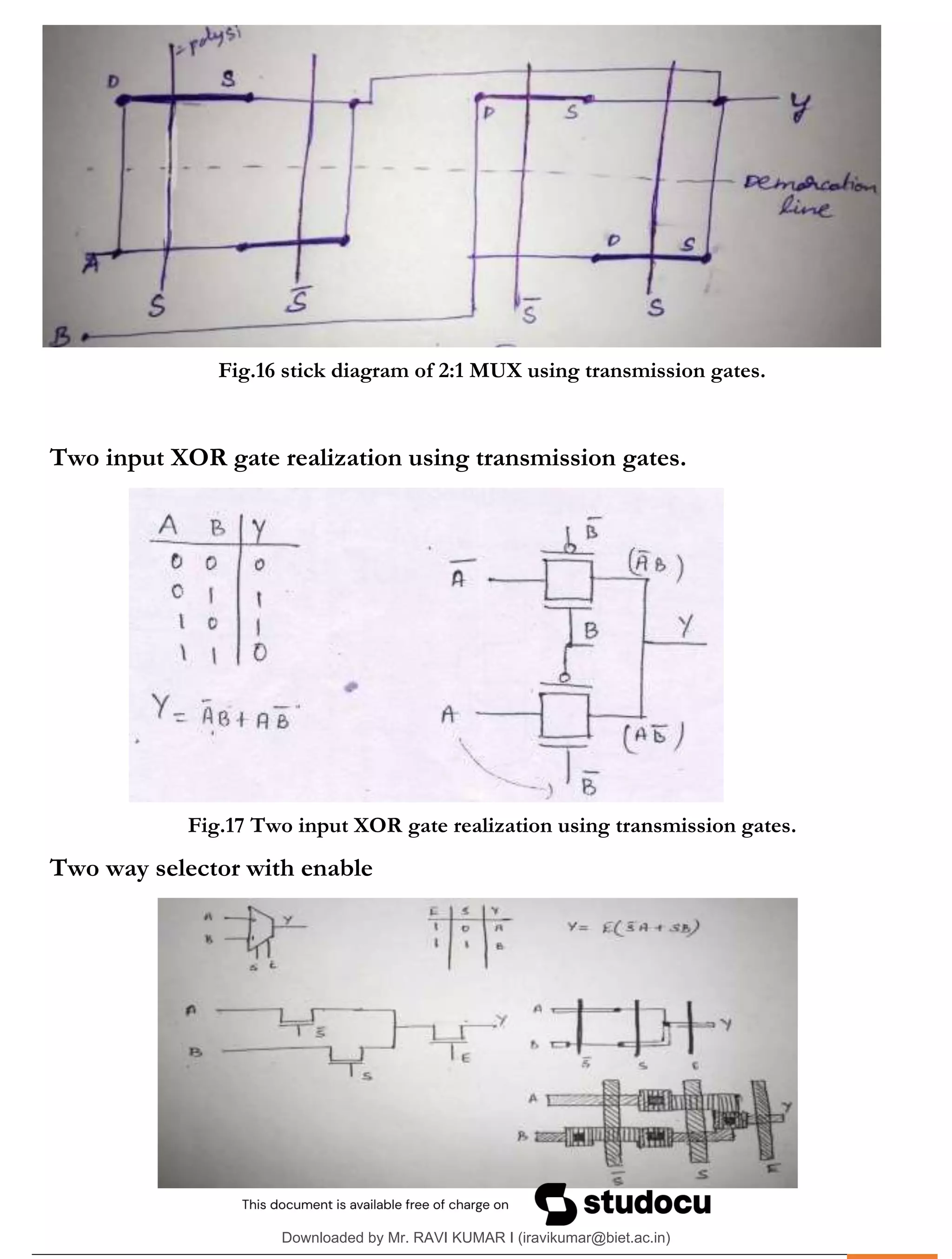 .
Fig.16 stick diagram of 2:1 MUX using transmission gates.
Two input XOR gate realization using transmission gates.
Fig.17 Two input XOR gate realization using transmission gates.
Two way selector with enable
Downloaded by Mr. RAVI KUMAR I (iravikumar@biet.ac.in)
lOMoARcPSD|3283145
 