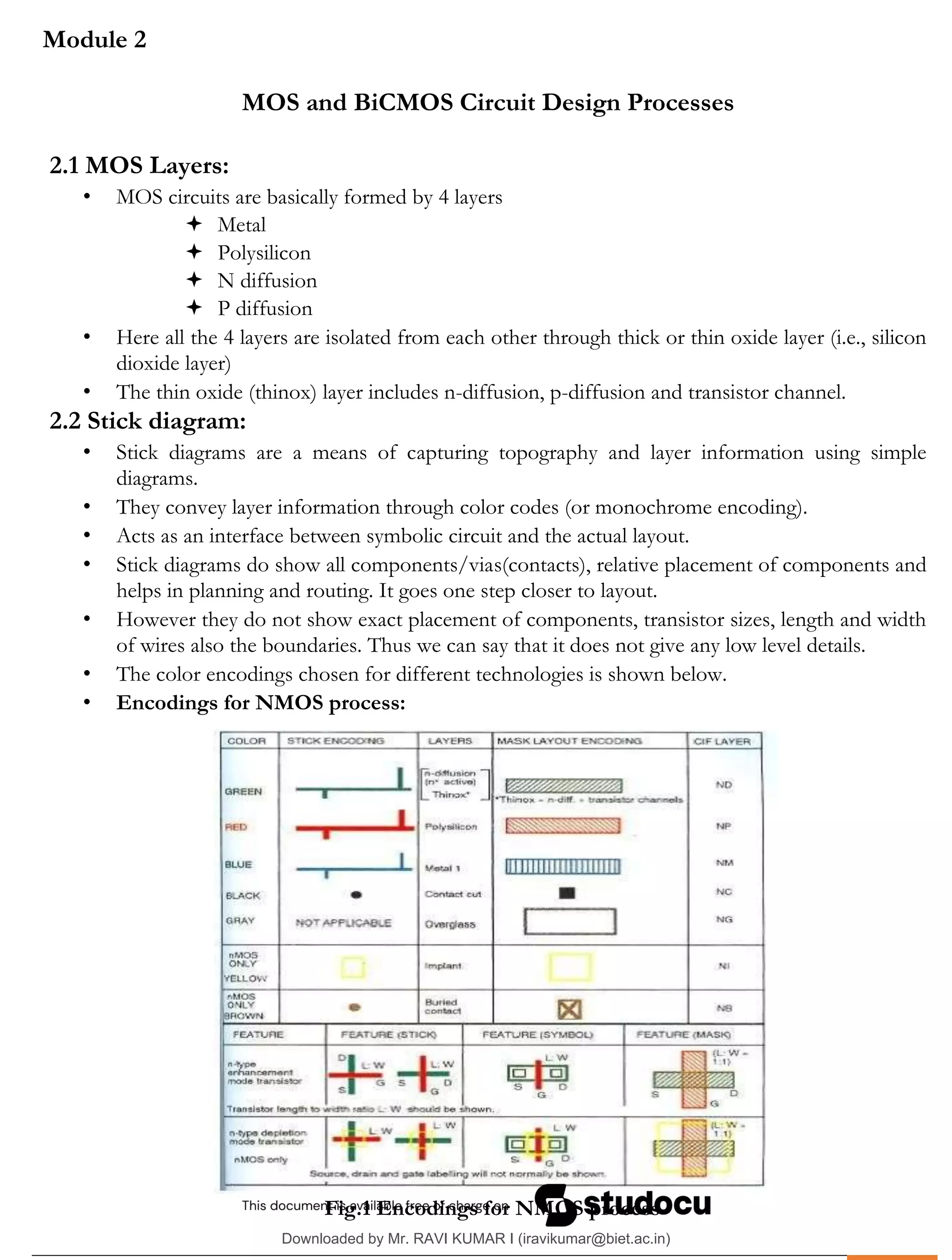 .
Module 2
MOS and BiCMOS Circuit Design Processes
2.1 MOS Layers:
• MOS circuits are basically formed by 4 layers
 Metal
 Polysilicon
 N diffusion
 P diffusion
• Here all the 4 layers are isolated from each other through thick or thin oxide layer (i.e., silicon
dioxide layer)
• The thin oxide (thinox) layer includes n-diffusion, p-diffusion and transistor channel.
2.2 Stick diagram:
• Stick diagrams are a means of capturing topography and layer information using simple
diagrams.
• They convey layer information through color codes (or monochrome encoding).
• Acts as an interface between symbolic circuit and the actual layout.
• Stick diagrams do show all components/vias(contacts), relative placement of components and
helps in planning and routing. It goes one step closer to layout.
• However they do not show exact placement of components, transistor sizes, length and width
of wires also the boundaries. Thus we can say that it does not give any low level details.
• The color encodings chosen for different technologies is shown below.
• Encodings for NMOS process:
Fig.1 Encodings for NMOS process
Downloaded by Mr. RAVI KUMAR I (iravikumar@biet.ac.in)
lOMoARcPSD|3283145
 